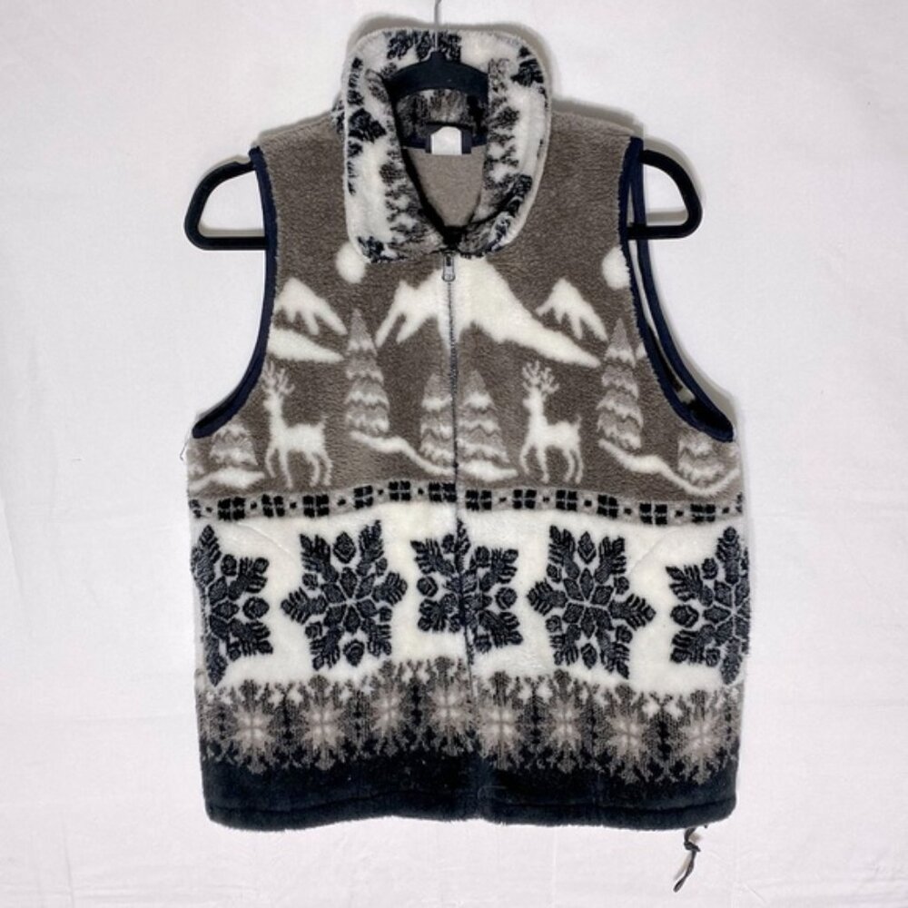 Vintage Mazmania Brown and Black Winter Forest Print Fleece Sherpa Vest M